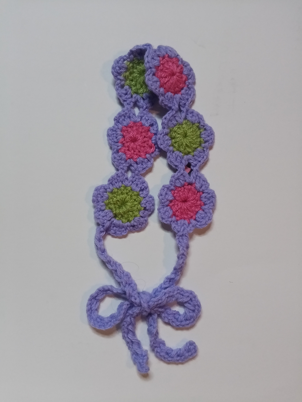 Lavender Crochet Floral Headband with Pink & Green Accents